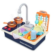 Kids Kitchen Sink Playset with Running Water, Sounds \u0026 Lights, Stove, Pots, Pans, Pretend Food, 27pcs Accessories Kitchen Sink Toy Fun Learning Dishwasher Toy for Toddlers \u0026 Children, Blue